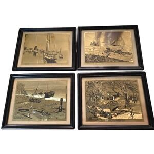 Lionel Barrymore Gold Foil Etchings Set Of 4 Nautical Prints Various Boats Vtg